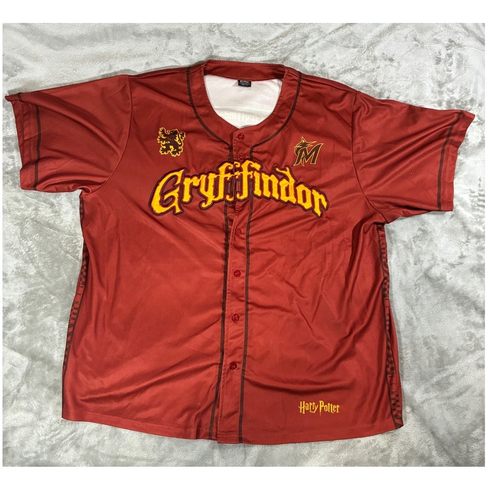 Harry Potter Gryffindor Baseball Jersey Red Gold Button Up XL Miami Marlins